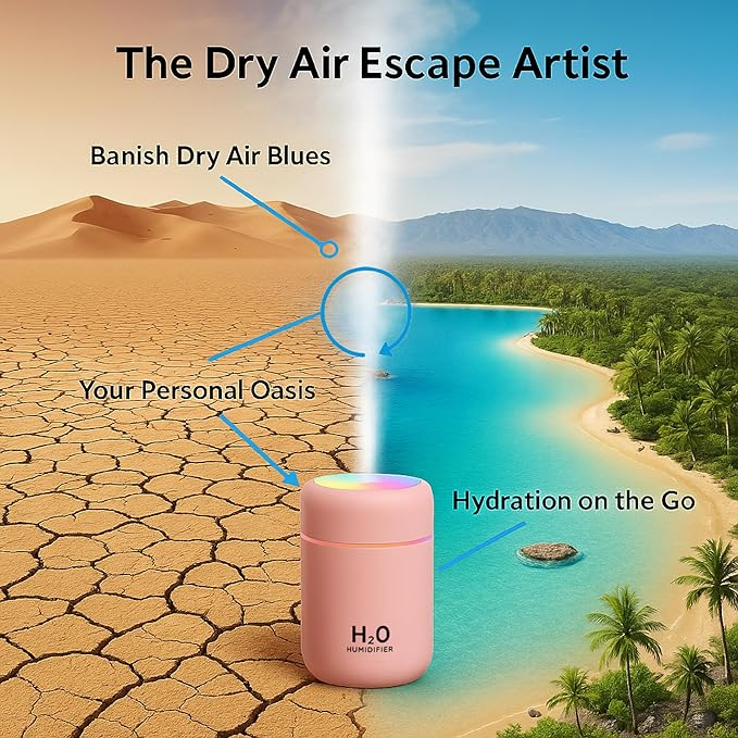 Tikkitots Ultrasonic Air Humidifier & Essential Oil Diffuser | Quiet Cool Mist Maker | for Car Home Office | Multicolour LED | Compact & Stylish Electric Design | 300ml Tank | Pack of 1