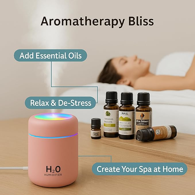 Tikkitots Ultrasonic Air Humidifier & Essential Oil Diffuser | Quiet Cool Mist Maker | for Car Home Office | Multicolour LED | Compact & Stylish Electric Design | 300ml Tank | Pack of 1