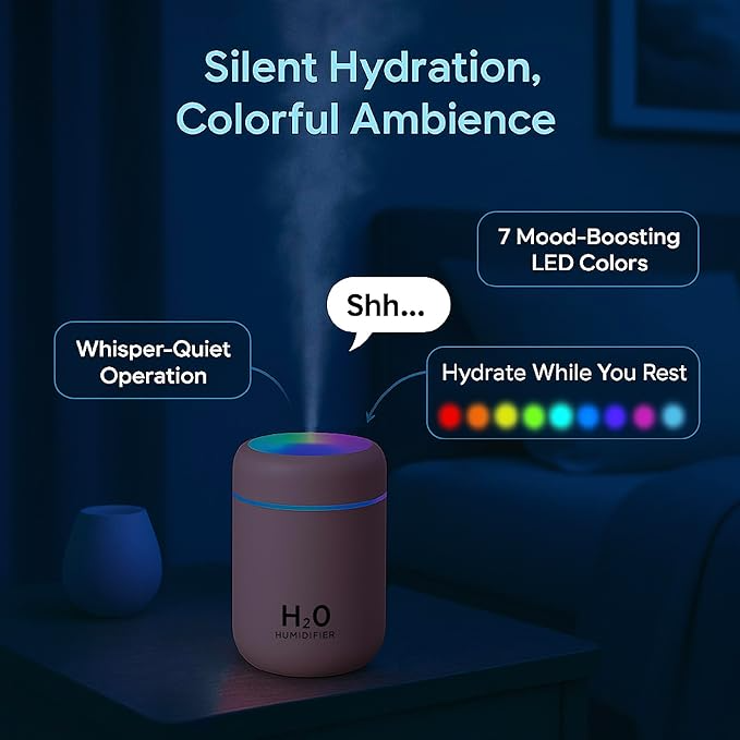 Tikkitots Ultrasonic Air Humidifier & Essential Oil Diffuser | Quiet Cool Mist Maker | for Car Home Office | Multicolour LED | Compact & Stylish Electric Design | 300ml Tank | Pack of 1