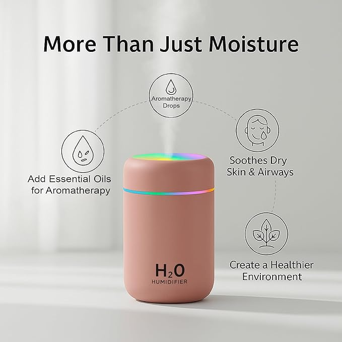 Tikkitots Ultrasonic Air Humidifier & Essential Oil Diffuser | Quiet Cool Mist Maker | for Car Home Office | Multicolour LED | Compact & Stylish Electric Design | 300ml Tank | Pack of 1