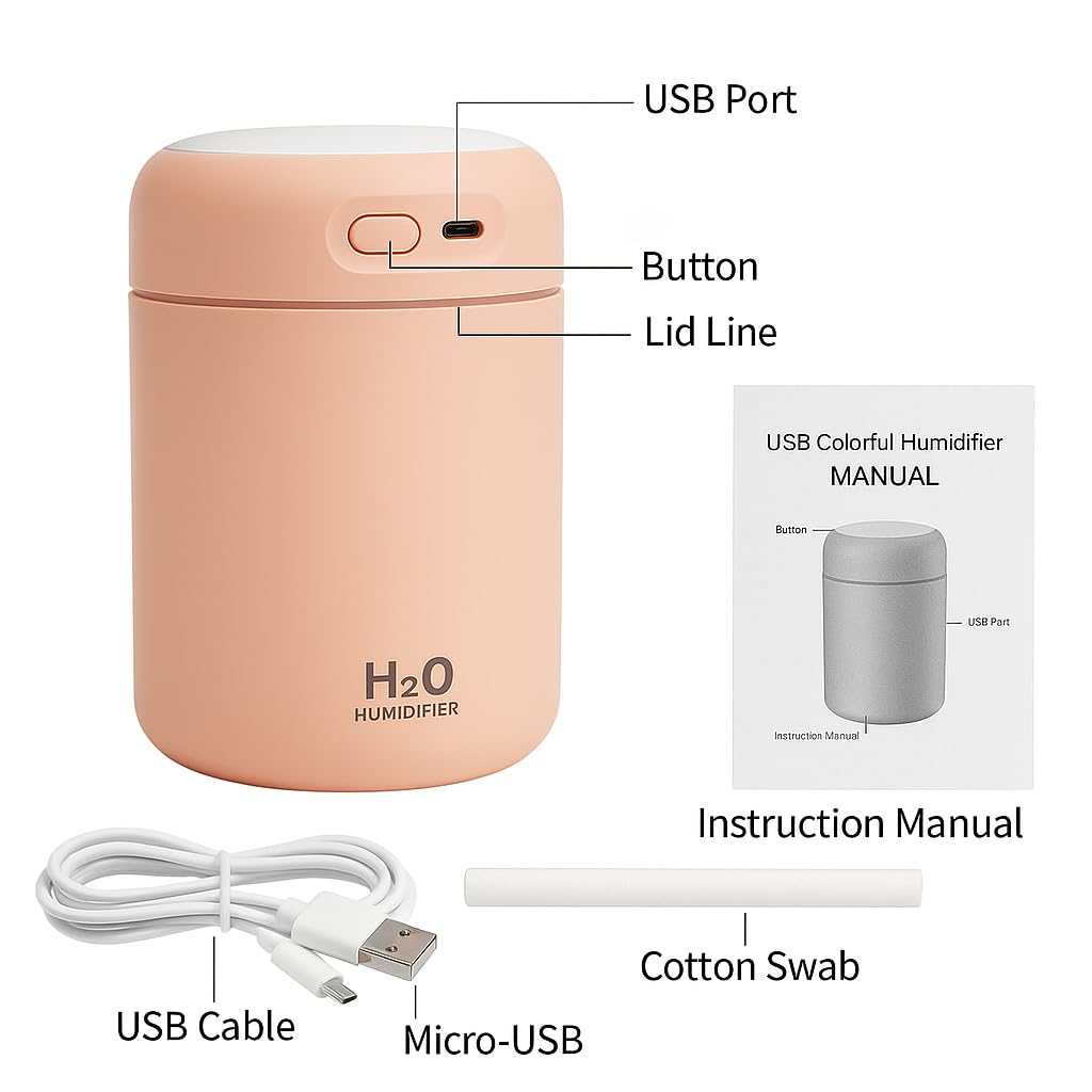 Tikkitots Ultrasonic Air Humidifier & Essential Oil Diffuser | Quiet Cool Mist Maker | for Car Home Office | Multicolour LED | Compact & Stylish Electric Design | 300ml Tank | Pack of 1