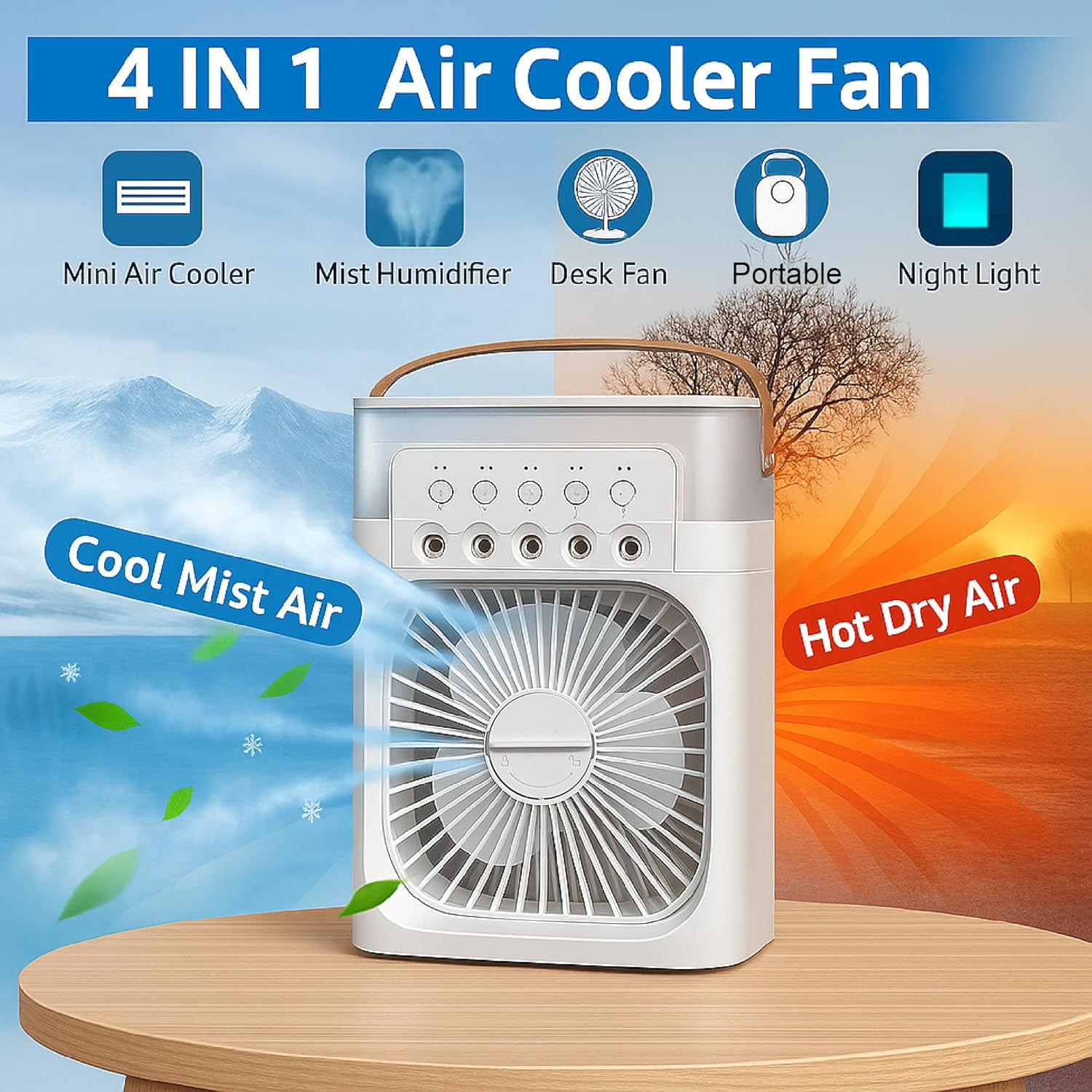 Tikkitots Portable Mini Room Air Cooler Fan | USB Powered | 3 Wind Speeds 3 Mist Modes 7 Colour LED Light & Timer | Compact AC for Home Office Travel | Multicolour | Pack of 1