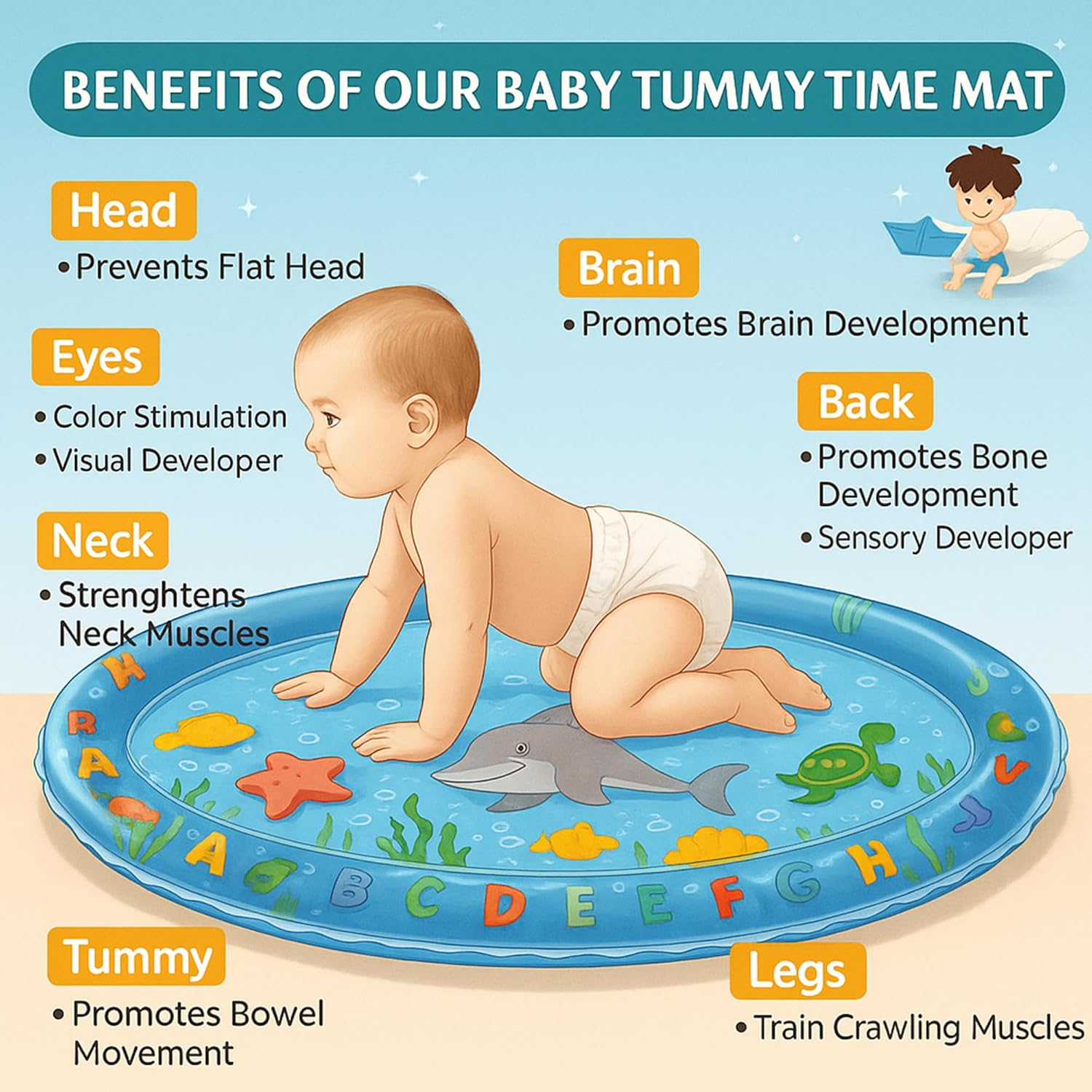 Tikkitots Tummy Time Water Play Mat for Babies | Inflatable Baby Water Mat for Sensory Stimulation, Visual Learning & Motor Skills | Leak-Proof PVC, Foldable & Portable for Travel | 3–12 Months