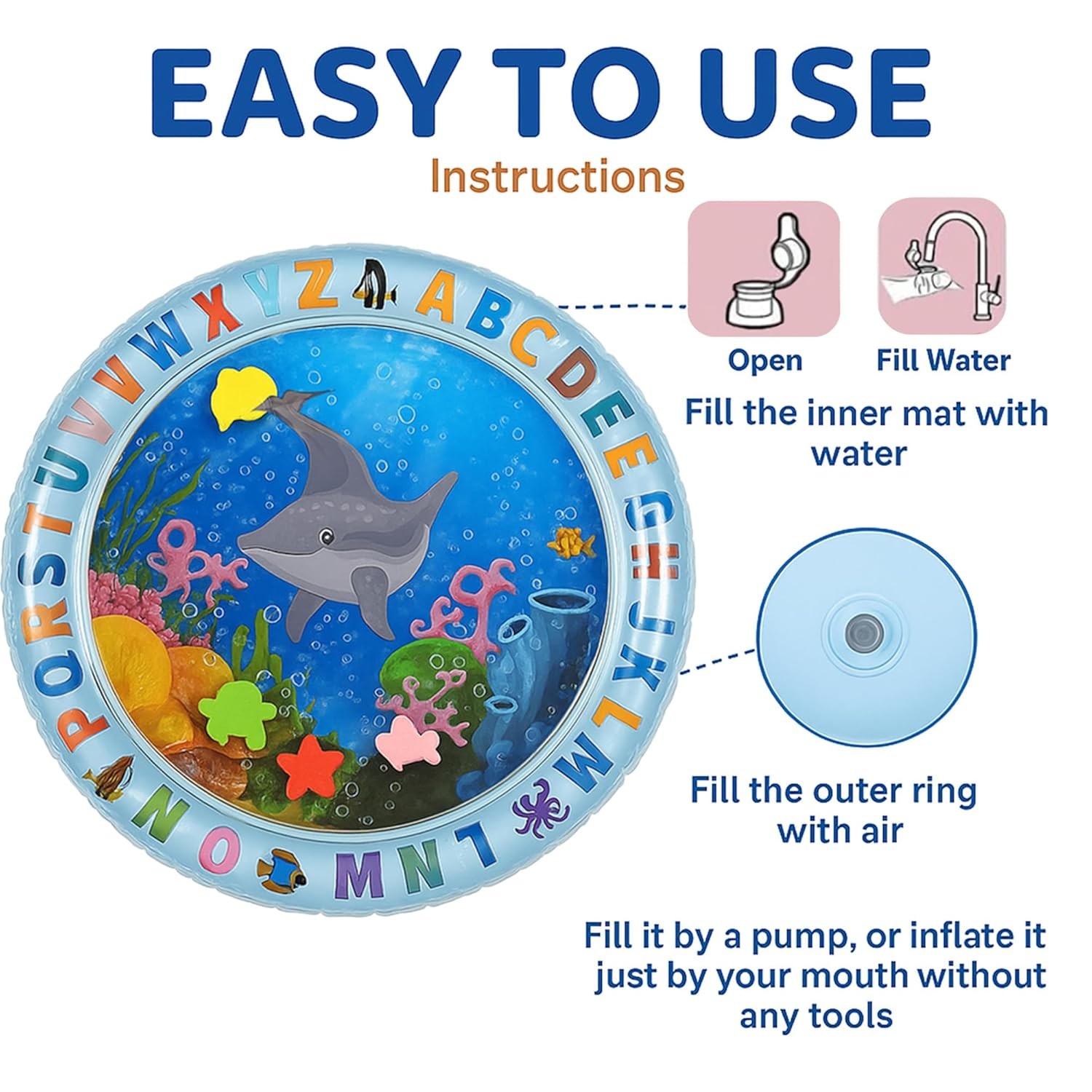 Tikkitots Tummy Time Water Play Mat for Babies | Inflatable Baby Water Mat for Sensory Stimulation, Visual Learning & Motor Skills | Leak-Proof PVC, Foldable & Portable for Travel | 3–12 Months