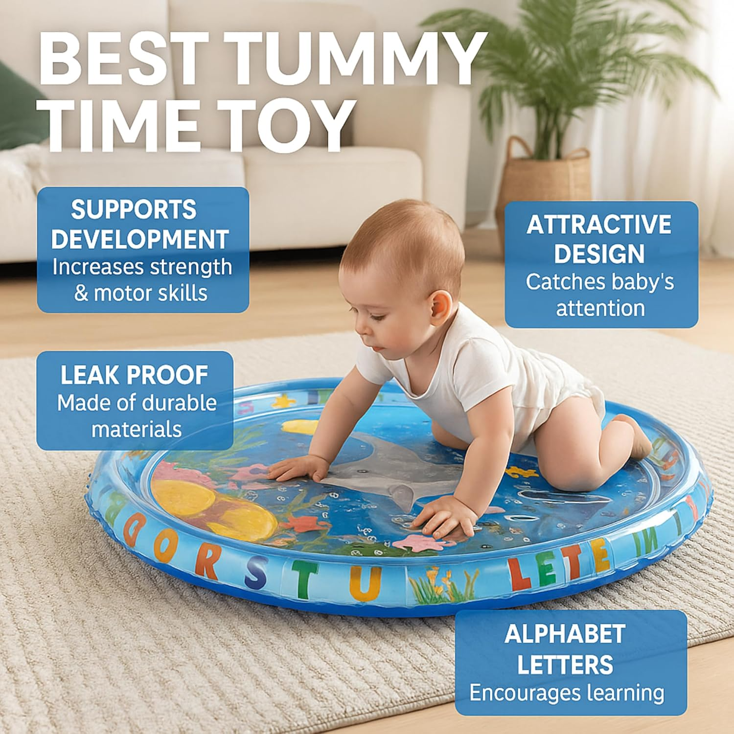 Tikkitots Tummy Time Water Play Mat for Babies | Inflatable Baby Water Mat for Sensory Stimulation, Visual Learning & Motor Skills | Leak-Proof PVC, Foldable & Portable for Travel | 3–12 Months