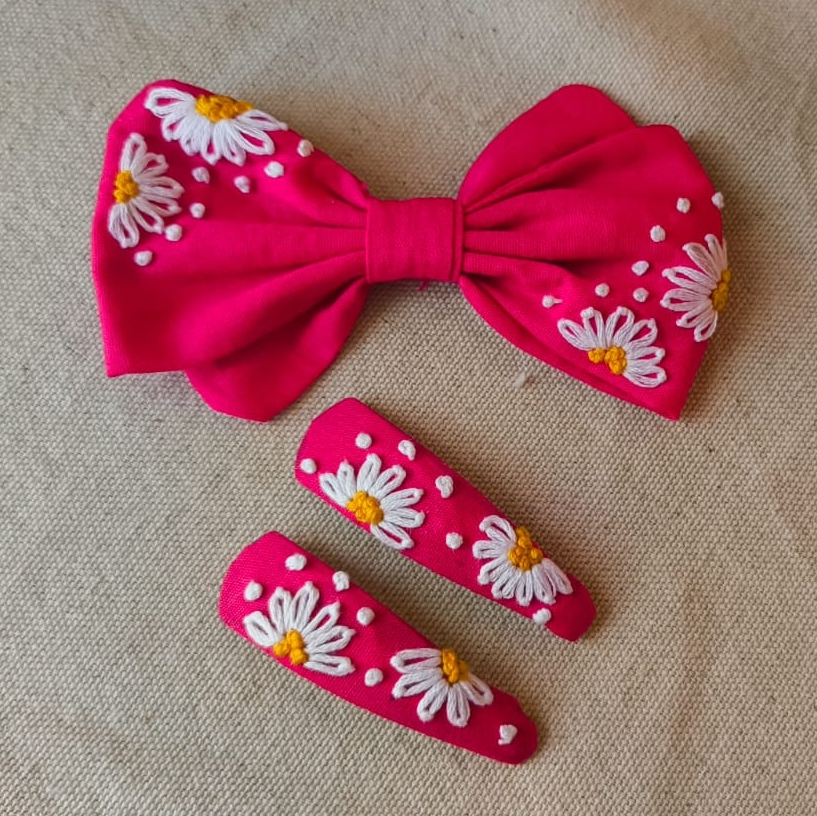 Handmade Embroidered Daisy Hair Clip & Bow Set – Pink Fabric Accessories - Test